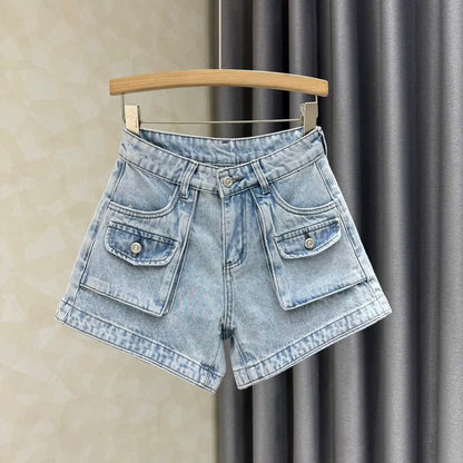 Designer pocket denim shorts for women 2025 summer new slim hot girl A-line wide-leg workwear shorts
