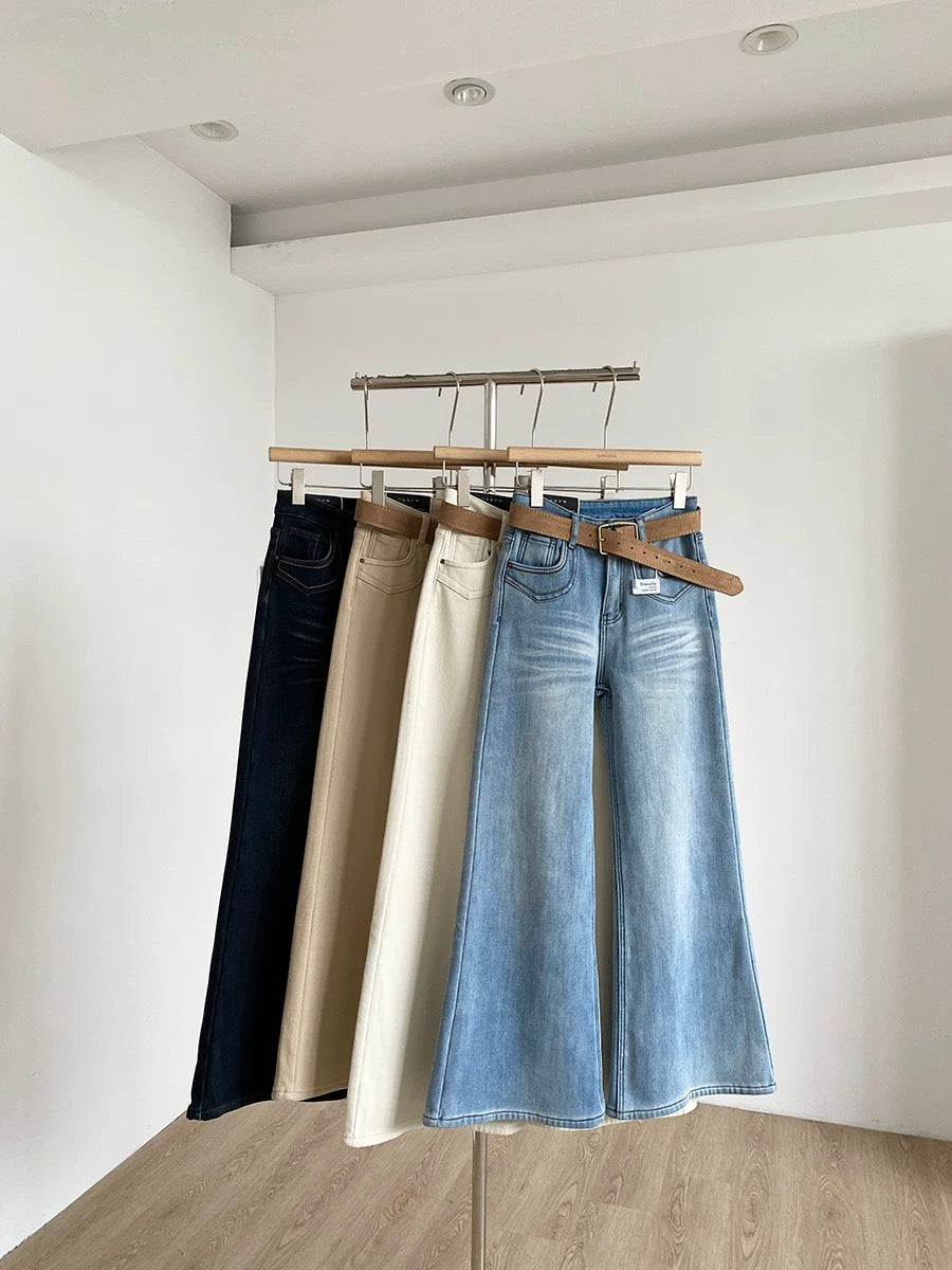 2025 Winter New Korean Style High-Waisted Fleece-Lined Washed Blue Vertical Flow Wide-Leg Denim Pants with Belt and Thick Fleece Lining