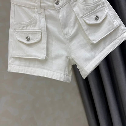 Designer pocket denim shorts for women 2025 summer new slim hot girl A-line wide-leg workwear shorts