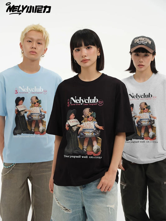 INS Printed Short-Sleeve T-Shirt, New Summer Style, American Retro Pure Cotton, European and American High Street Trendy Brand, Versatile Top, BF Style