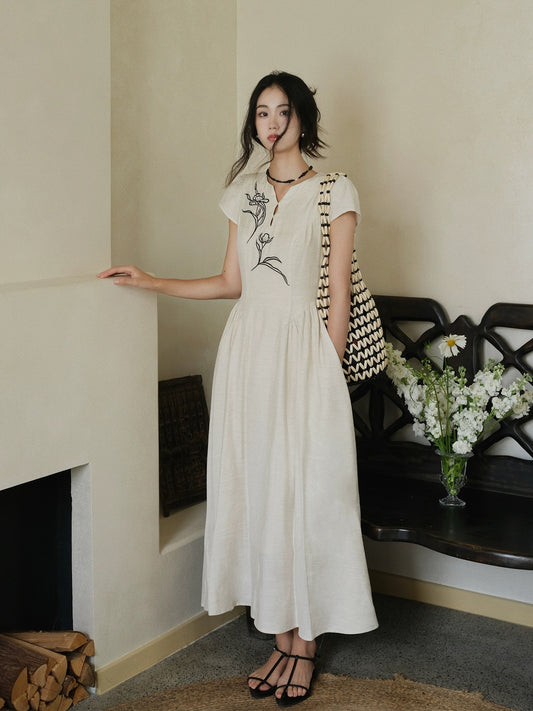 LAZYZ Design new Chinese embroidered short-sleeved dress for women summer 2024 new waist-cinching national style slimming long skirt