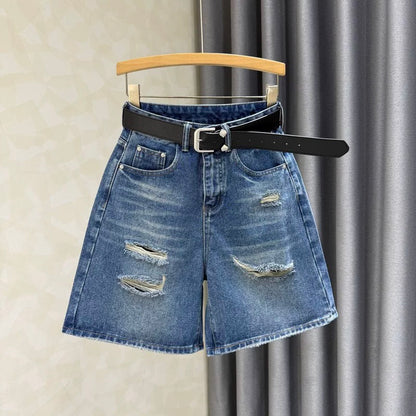 2025 summer wide-leg jeans for women hot girls ripped design fashionable and versatile temperament A-line hot pants ins