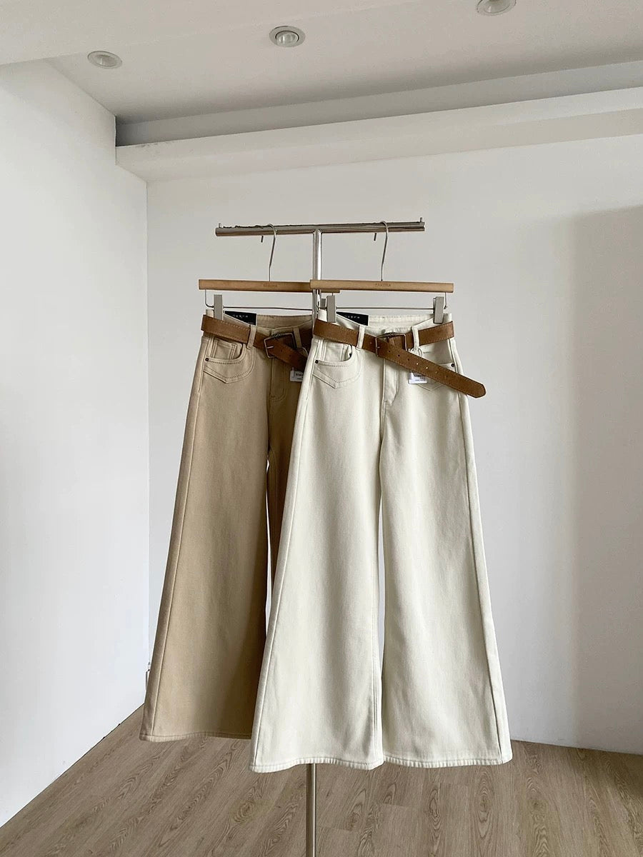 2025 Winter New Korean Style High-Waisted Fleece-Lined Washed Blue Vertical Flow Wide-Leg Denim Pants with Belt and Thick Fleece Lining