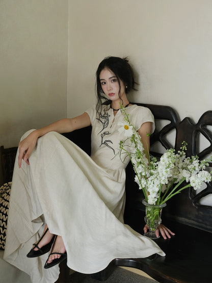 LAZYZ Design new Chinese embroidered short-sleeved dress for women summer 2024 new waist-cinching national style slimming long skirt