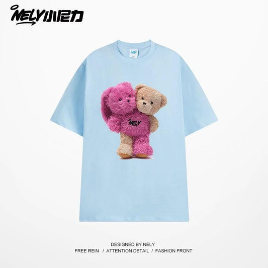 Cartoon bear short-sleeved t-shirt, unisex, summer youth trendy loose couple t-shirt, versatile and fashionable short-sleeved top.