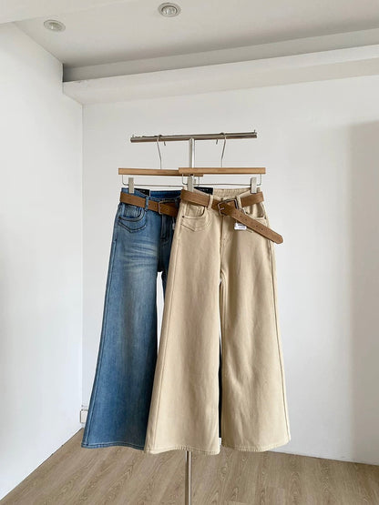 2025 Winter New Korean Style High-Waisted Fleece-Lined Washed Blue Vertical Flow Wide-Leg Denim Pants with Belt and Thick Fleece Lining