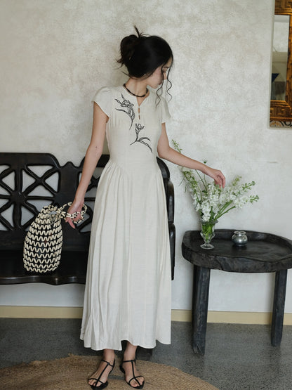 LAZYZ Design new Chinese embroidered short-sleeved dress for women summer 2024 new waist-cinching national style slimming long skirt