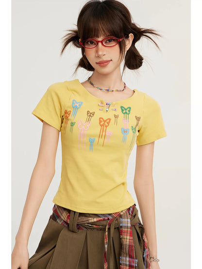 Yellow butterfly girls' straight shoulder short-sleeved T-shirt women's summer 2025 new summer slimming short hot girl top