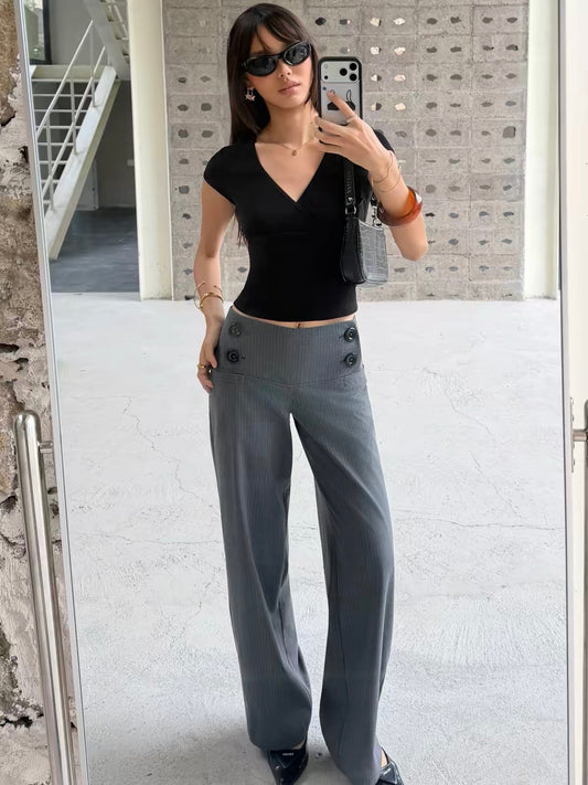 Audwyn Grey Striped Low-to-Mid Rise Straight-Leg Trousers – Wide Waistband, Double-Button Closure, Drapey Floor-Length Fit
