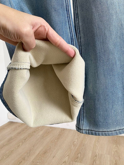 2025 Winter New Korean Style High-Waisted Fleece-Lined Washed Blue Vertical Flow Wide-Leg Denim Pants with Belt and Thick Fleece Lining