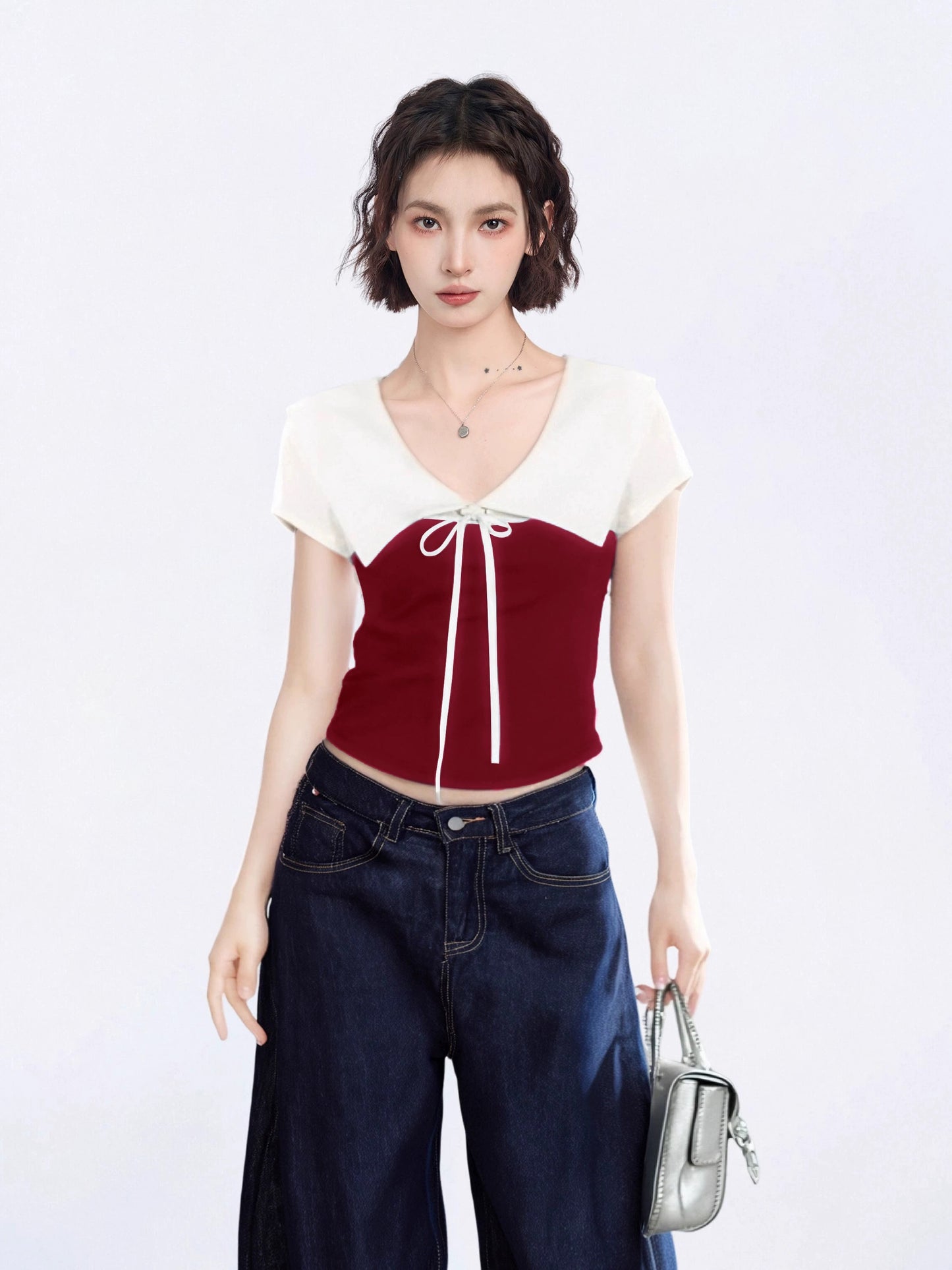 American contrast red large lapel straight shoulder short-sleeved T-shirt women's summer slim short design bow top
