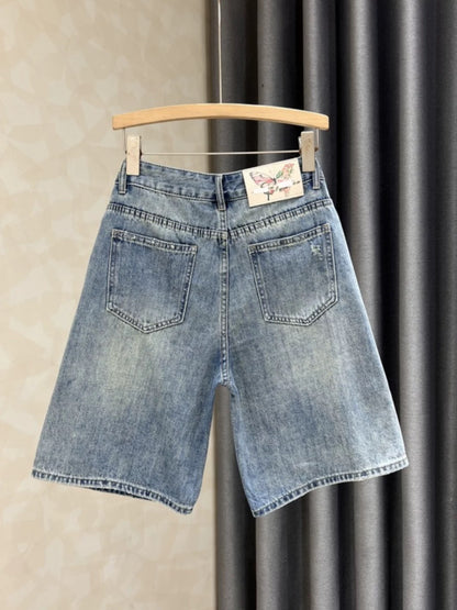 Embroidered jeans for women 2024 summer new loose slimming fashionable versatile elastic high waist wide leg shorts