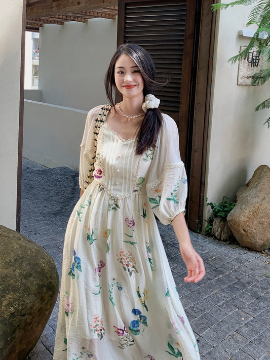 LAZYZ French printed retro puff sleeve Tencel dress for women summer 2024 new style waist tea break dress long skirt