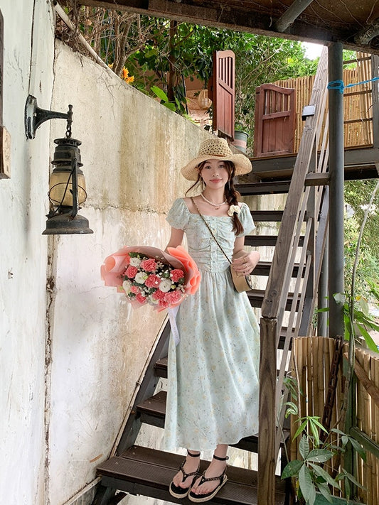 Zeng Xiaoxian French romantic light green floral square neck dress women's spring new off-the-shoulder slim long dress