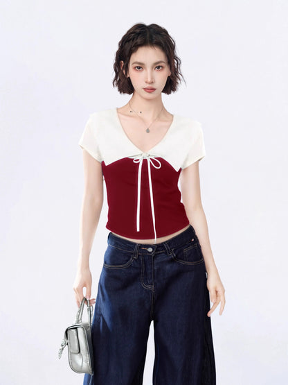 American contrast red large lapel straight shoulder short-sleeved T-shirt women's summer slim short design bow top