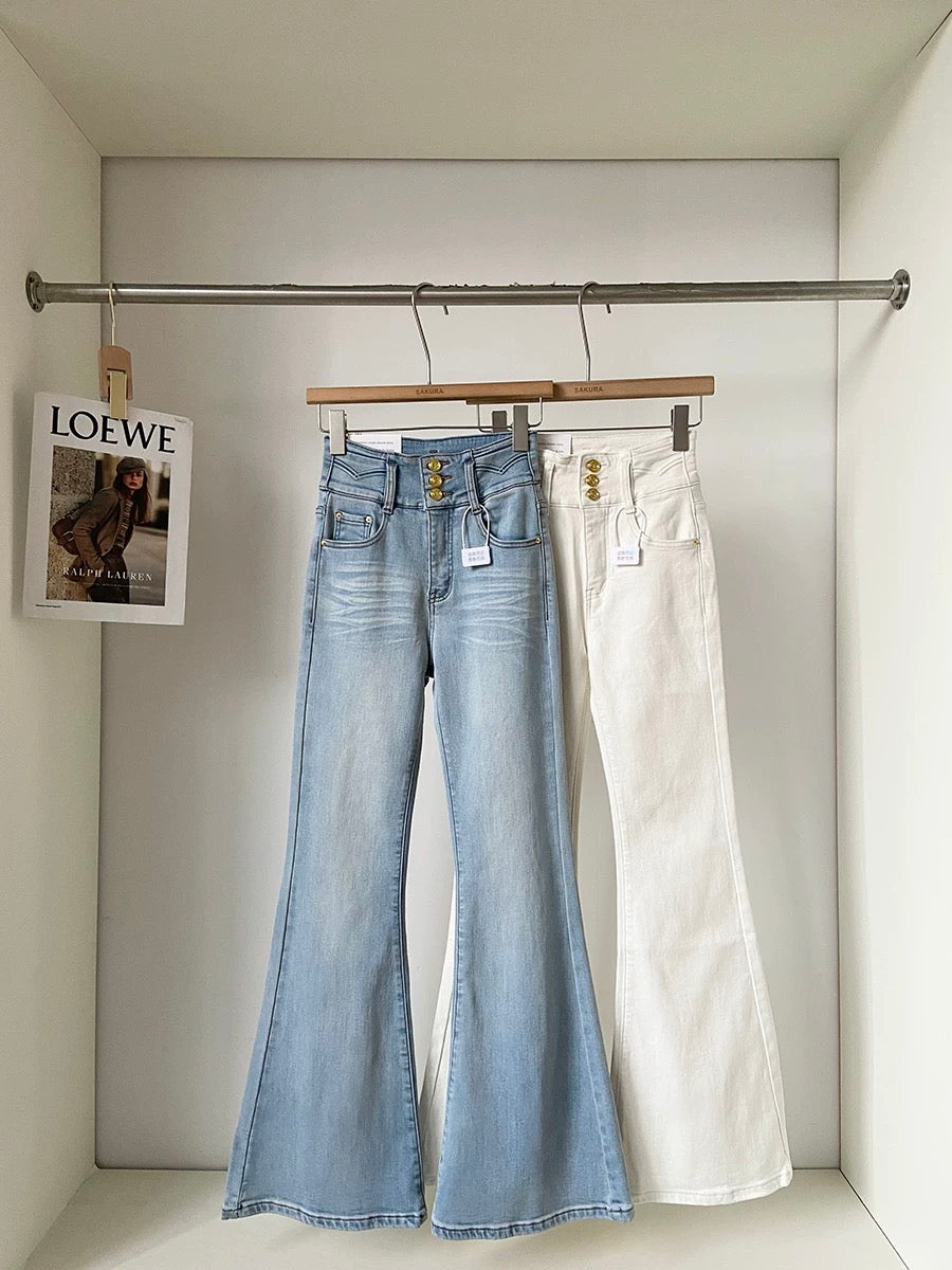 2026 Spring New Korean Style Versatile Washed Blue High-Waisted Slimming Jeans with Flared Legs, Casual Long Pants, Trendy