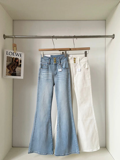 2026 Spring New Korean Style Versatile Washed Blue High-Waisted Slimming Jeans with Flared Legs, Casual Long Pants, Trendy