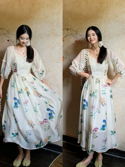 LAZYZ French printed retro puff sleeve Tencel dress for women summer 2024 new style waist tea break dress long skirt