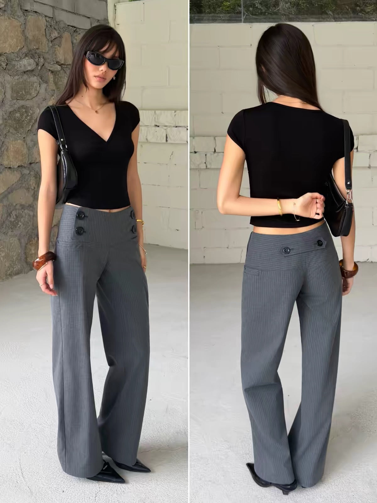 Audwyn Grey Striped Low-to-Mid Rise Straight-Leg Trousers – Wide Waistband, Double-Button Closure, Drapey Floor-Length Fit