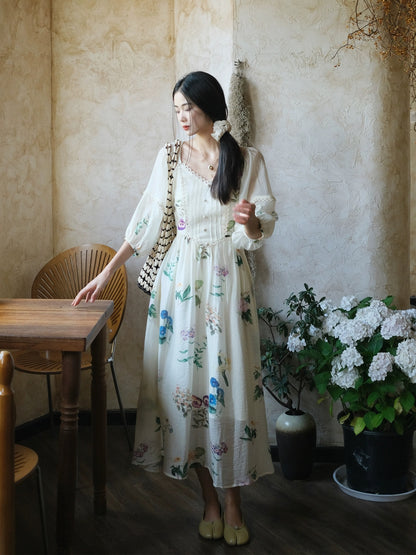 LAZYZ French printed retro puff sleeve Tencel dress for women summer 2024 new style waist tea break dress long skirt