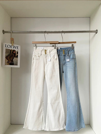 2026 Spring New Korean Style Versatile Washed Blue High-Waisted Slimming Jeans with Flared Legs, Casual Long Pants, Trendy