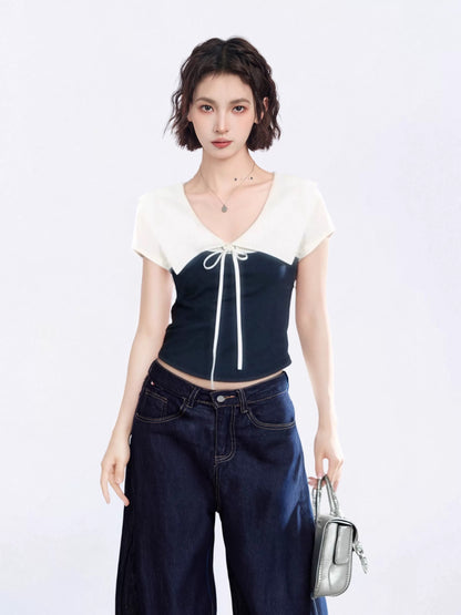 American contrast red large lapel straight shoulder short-sleeved T-shirt women's summer slim short design bow top