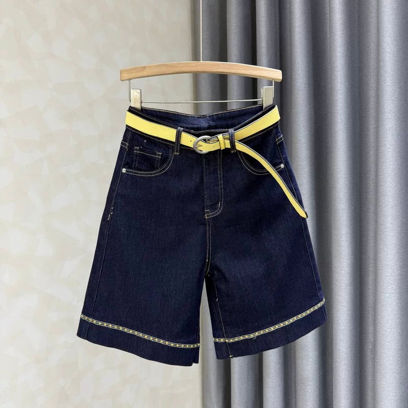 Washed blue high waist denim shorts for women 2025 summer new all-match loose slim wide-leg mid-length pants