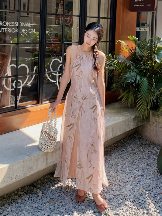 LAZYZ New Chinese Printed Halter Neck Waist Dress Women's Summer 2024 New Retro Temperament Tencel Long Skirt