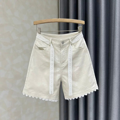 High waist casual design lace wide leg jeans for women 2025 summer new loose five-point pants