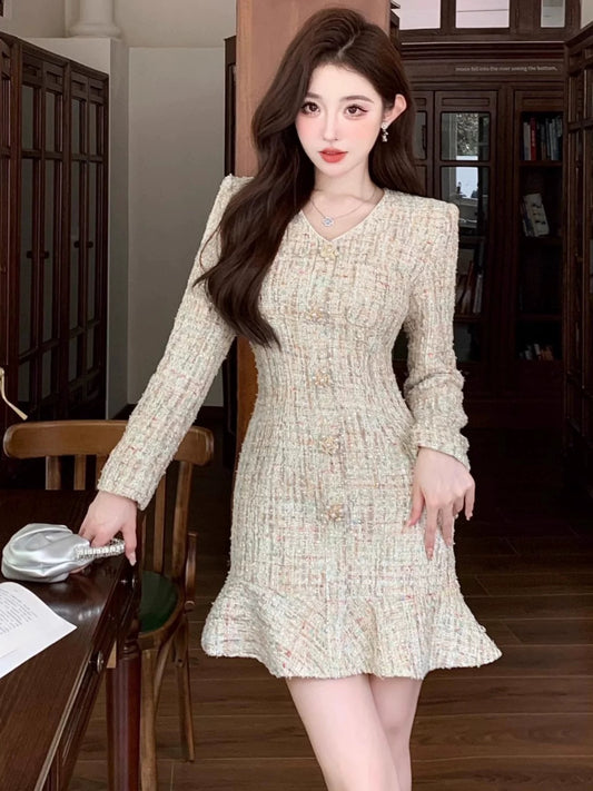 Nanyou niche designer light luxury celebrity Xiaoxiangfeng heavy industry woven tweed fishtail slim dress autumn