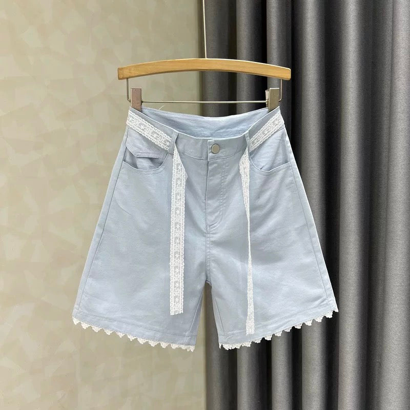 High waist casual design lace wide leg jeans for women 2025 summer new loose five-point pants