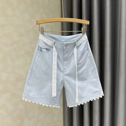 High waist casual design lace wide leg jeans for women 2025 summer new loose five-point pants