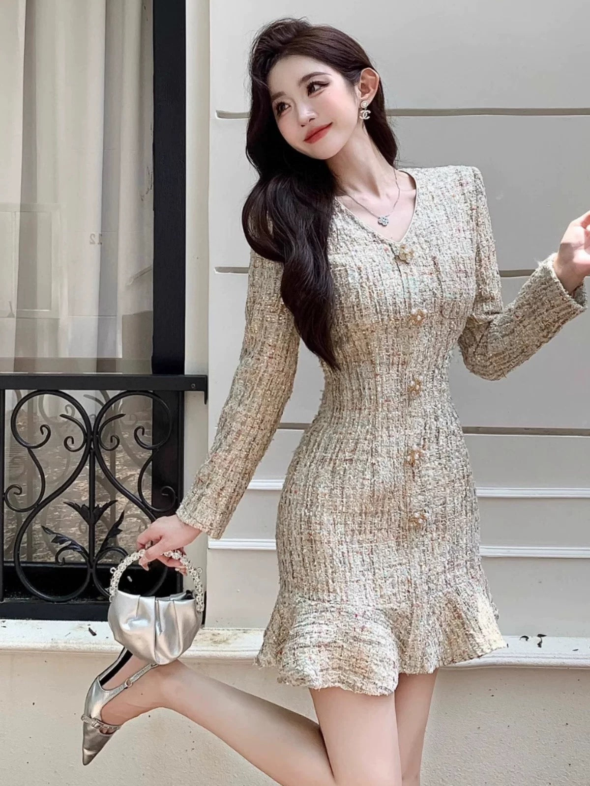 Nanyou niche designer light luxury celebrity Xiaoxiangfeng heavy industry woven tweed fishtail slim dress autumn