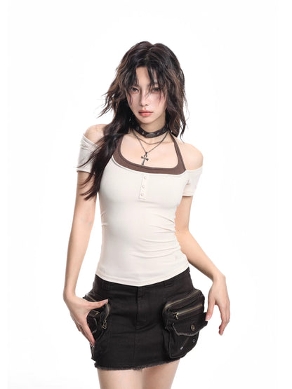 Black fake two-piece off-the-shoulder halter neck square collar short-sleeved T-shirt women's summer slim short style large neckline sweet hot girl top