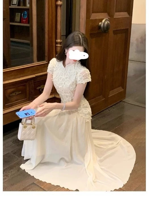 White French-style mesh dress for women, perfect for summer beach vacations, featuring a beautifully modified Chinese lace cheongsam long dress.