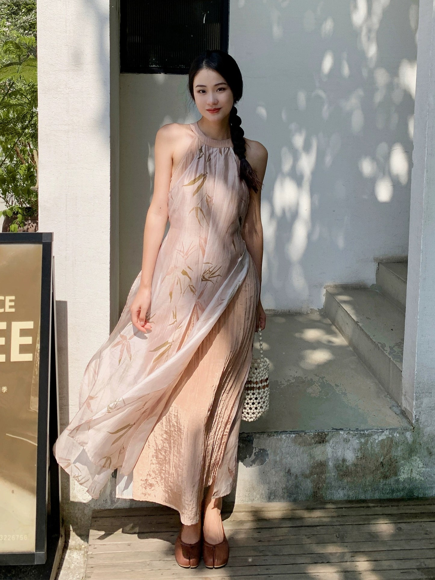 LAZYZ New Chinese Printed Halter Neck Waist Dress Women's Summer 2024 New Retro Temperament Tencel Long Skirt