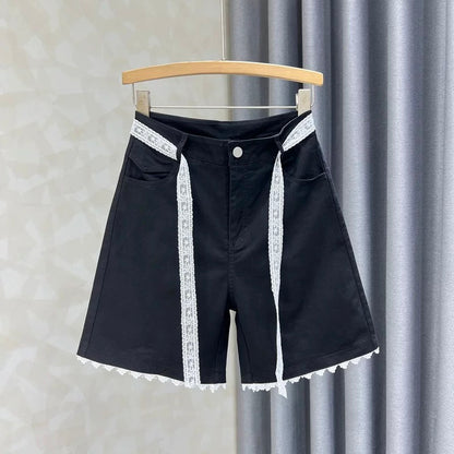 High waist casual design lace wide leg jeans for women 2025 summer new loose five-point pants