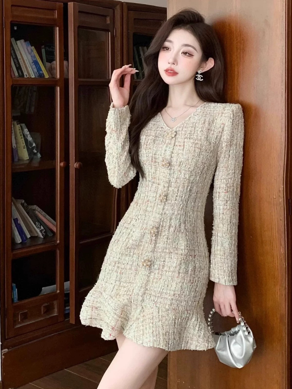 Nanyou niche designer light luxury celebrity Xiaoxiangfeng heavy industry woven tweed fishtail slim dress autumn