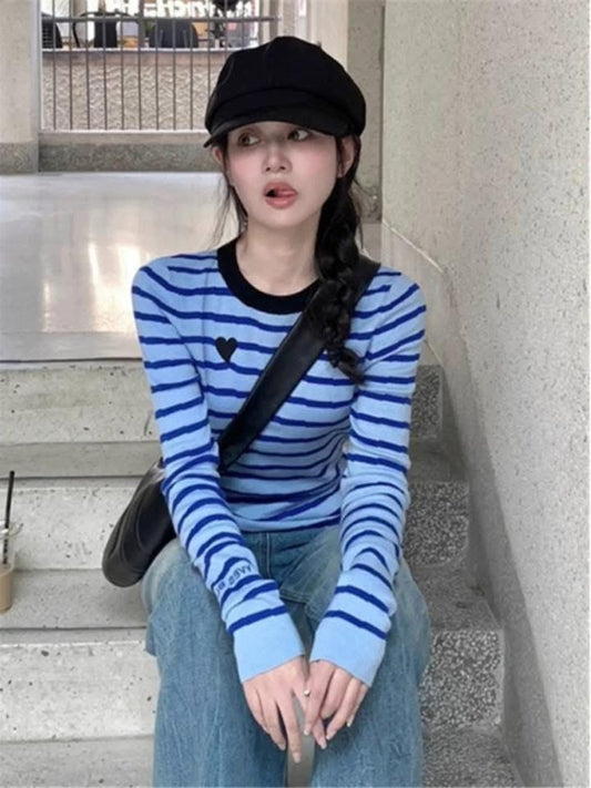 High-end irregular blue striped long-sleeved T-shirt for women, spring round neck casual base knitwear top