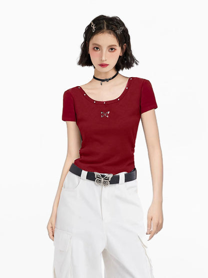 American wine red butterfly straight shoulder U-neck short-sleeved T-shirt women's summer 2025 new slim jazz sweet and spicy top