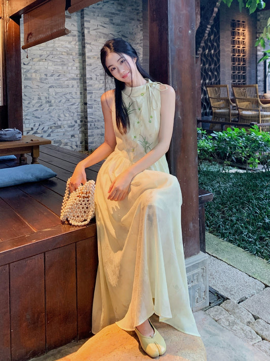 LAZYZ New Chinese style Chinese style cool lace-up embroidered dress for women summer 2024 new style sleeveless long skirt