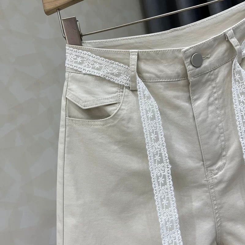 High waist casual design lace wide leg jeans for women 2025 summer new loose five-point pants