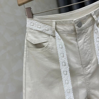 High waist casual design lace wide leg jeans for women 2025 summer new loose five-point pants