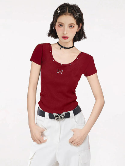 American wine red butterfly straight shoulder U-neck short-sleeved T-shirt women's summer 2025 new slim jazz sweet and spicy top