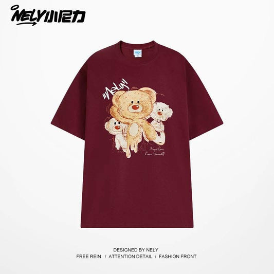 NELY Little Bear Letter Print 2026 Summer New Loose Short Sleeve T-Shirt Top, Fashionable for Men and Women