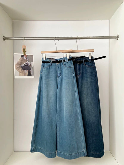 2025 Winter High-Waisted Wide-Leg Jeans for Women, Loose Fit, Slimming, Blue, Floor-Length, Stylish, Versatile, Fleece-Lined, Thickened