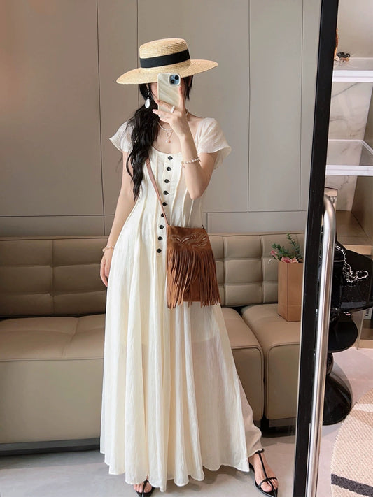 White French square neck dress for women 2024 new summer style contrasting color single-row button waist slimming long dress