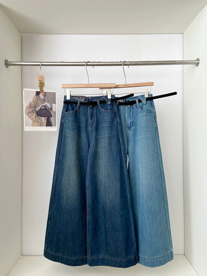 2025 Winter High-Waisted Wide-Leg Jeans for Women, Loose Fit, Slimming, Blue, Floor-Length, Stylish, Versatile, Fleece-Lined, Thickened