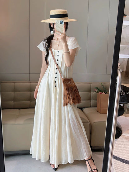 White French square neck dress for women 2024 new summer style contrasting color single-row button waist slimming long dress