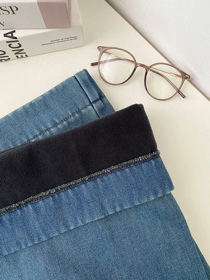 2025 Winter High-Waisted Wide-Leg Jeans for Women, Loose Fit, Slimming, Blue, Floor-Length, Stylish, Versatile, Fleece-Lined, Thickened